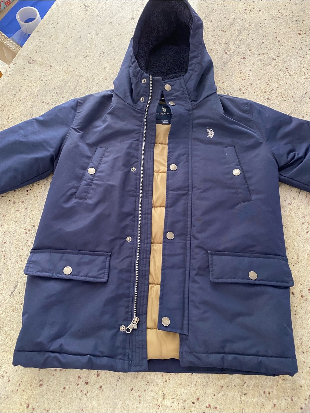 U.S. Polo Assn. Navy Hooded Puffer Coat with Tan Liner